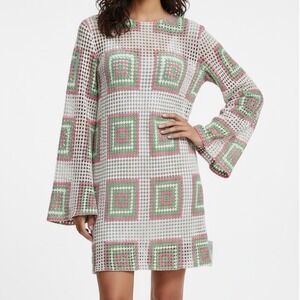 ASOS DESIGN NWT flare sleeve crochet mini dress white pink green square size‎ 14
